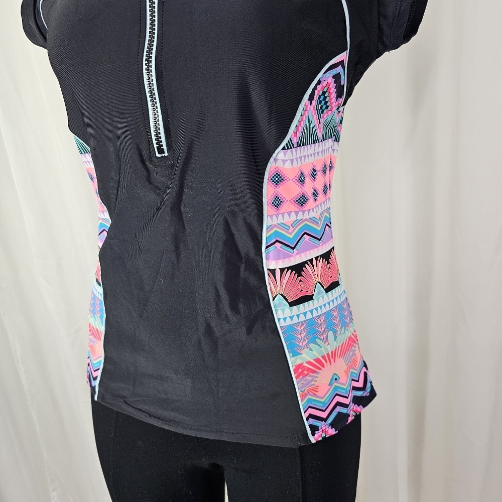 Hobie Swim Wear short sleeve swim shirt rash guard zip neck black bright XL - Picture 3 of 7